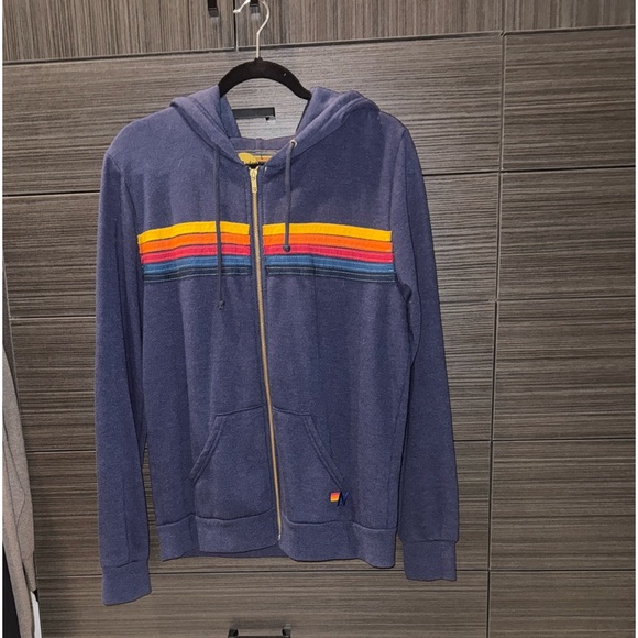Aviator Nation Navy Blue Hooded Sweater with Multicolor Stripes sz Large - Picture 11 of 14